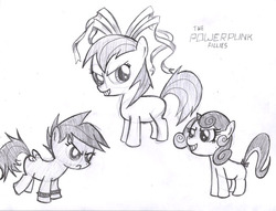 Size: 700x534 | Tagged: safe, artist:syggie, apple bloom, scootaloo, sweetie belle, g4, crossover, cutie mark crusaders, monochrome, sketch, the powerpuff girls