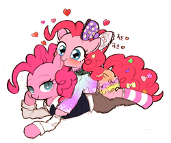 Size: 940x783 | Tagged: safe, artist:momo, pinkie pie, changeling, g4, clothes, cute, diapinkes, duality, ear bite, famihara, fashion, female, heart, japanese, lesbian, pony pile, prone, self ponidox, shipping