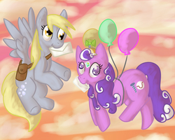 Size: 1250x1000 | Tagged: safe, artist:baileytotheann, derpy hooves, screwball, pegasus, pony, g4, balloon, cloud, cloudy, female, flying, mail, mailbag, mare