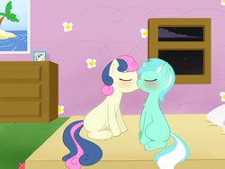 Size: 4000x3000 | Tagged: safe, artist:krekka01, bon bon, lyra heartstrings, sweetie drops, earth pony, pony, unicorn, g4, bed, bedroom, blank flank, blushing, duo, eyes closed, female, filly, foal, kiss on the lips, kissing, lesbian, night, ship:lyrabon, shipping, window, younger