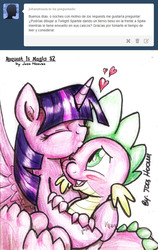 Size: 949x1501 | Tagged: safe, artist:jcosneverexisted, spike, twilight sparkle, alicorn, pony, g4, ask, female, heart, kissing, mama twilight, mare, spanish, spikelove, translated in the comments, tumblr, twilight sparkle (alicorn)