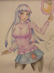 Size: 1936x2592 | Tagged: safe, artist:samaelalighieri, spike, twilight sparkle, human, g4, book, breasts, busty twilight sparkle, female, humanized, light skin, magic