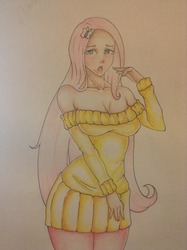 Size: 1936x2592 | Tagged: safe, artist:samaelalighieri, fluttershy, human, g4, breasts, busty fluttershy, cleavage, clothes, female, humanized, light skin, off shoulder, solo, sweater, sweater dress, sweatershy