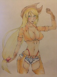 Size: 1936x2592 | Tagged: safe, artist:samaelalighieri, applejack, human, g4, apple, belly button, breasts, busty applejack, chaps, cleavage, clothes, daisy dukes, female, front knot midriff, gloves, humanized, light skin, midriff, panties, solo, thong, traditional art, underwear
