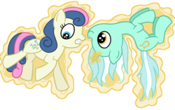 Size: 1681x1059 | Tagged: safe, artist:ozangel, bon bon, lyra heartstrings, sweetie drops, earth pony, pony, unicorn, g4, female, magic, mare, simple background, telekinesis, transparent background