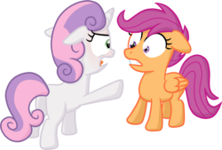 Size: 2061x1392 | Tagged: safe, artist:moemneop, scootaloo, sweetie belle, g4, angry, floppy ears, glare, pointing, wide eyes