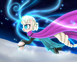 Size: 2000x1613 | Tagged: safe, artist:cyanaeolin, pony, clothes, elsa, frozen (movie), let it go, magic, ponified, snow, snowfall, solo