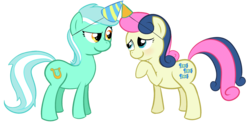 Size: 1725x853 | Tagged: safe, artist:krekka01, bon bon, lyra heartstrings, sweetie drops, earth pony, pony, unicorn, g4, blushing, female, hat, horn, horns are touching, lesbian, mare, party hat, ship:lyrabon, shipping, simple background, transparent background