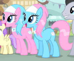 Size: 507x415 | Tagged: safe, screencap, aloe, alula, lotus blossom, lucky clover, pluto, earth pony, pegasus, pony, filli vanilli, g4, season 4, animated, cute, excited, female, filly, male, mare, spa twins, spaww twins, stallion, trotting, trotting in place, twins