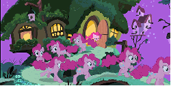 Size: 472x238 | Tagged: safe, edit, screencap, pinkie pie, earth pony, pony, filli vanilli, g4, animated, bird house, clone, door, female, fluttershy's cottage, mare, multeity, night, running, too much pink energy is dangerous, xk-class end-of-the-world scenario
