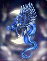 Size: 2141x2800 | Tagged: safe, artist:wilvarin-liadon, princess luna, alicorn, pony, g4, crescent moon, crown, female, flying, jewelry, mare, moon, night, regalia, solo, stars, transparent moon