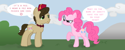 Size: 1000x400 | Tagged: safe, artist:yuralria, doctor whooves, pinkie pie, time turner, g4, doctor who, duo, eleventh doctor, fez, hat, river song (doctor who)