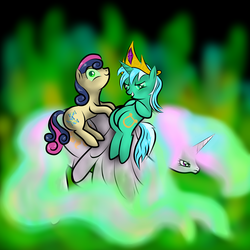 Size: 5000x5000 | Tagged: safe, artist:annedwen, bon bon, lyra heartstrings, princess celestia, sweetie drops, changeling, g4, absurd resolution, bad end, changeling lyra, crown