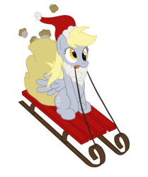 Size: 944x1127 | Tagged: safe, artist:sound-resonance, derpy hooves, pegasus, pony, g4, cute, derpabetes, fake beard, female, hat, mare, mouth hold, muffin, nose wrinkle, santa hat, santa sack, simple background, sled, sledge, solo, white background
