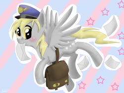 Size: 2048x1536 | Tagged: safe, artist:silbersternenlicht, derpy hooves, pegasus, pony, g4, female, hat, mail, mailmare, mare, solo