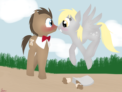 Size: 2048x1536 | Tagged: safe, artist:silbersternenlicht, derpy hooves, doctor whooves, time turner, pegasus, pony, g4, female, male, mare, muffin, ship:doctorderpy, shipping, straight