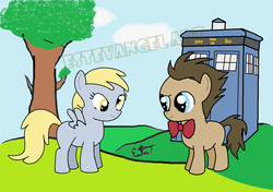 Size: 1258x885 | Tagged: safe, artist:estevangel, derpy hooves, doctor whooves, time turner, earth pony, pegasus, pony, g4, bowtie, colt, doctor who, filly, tardis, younger