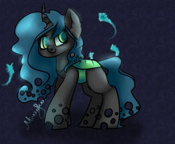 Size: 1280x1056 | Tagged: safe, artist:mirioka, queen chrysalis, changeling, changeling queen, nymph, g4, cute, cutealis, female, looking at you, signature, smiling, solo, younger