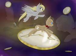 Size: 2249x1644 | Tagged: safe, artist:silbersternenlicht, derpy hooves, doctor whooves, time turner, pegasus, pony, g4, clock, duo, female, mare, running