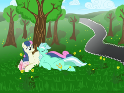 Size: 1280x960 | Tagged: safe, artist:bibliodragon, bon bon, fluttershy, lyra heartstrings, sweetie drops, earth pony, pony, unicorn, g4, drool, duo, eyes closed, female, flower, grass, lesbian, magazine, mare, park, prone, ship:lyrabon, shipping, sleeping, smiling, tree