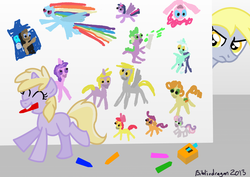 Size: 878x620 | Tagged: safe, artist:bibliodragon, amethyst star, apple bloom, carrot top, derpy hooves, dinky hooves, doctor whooves, golden harvest, lyra heartstrings, pinkie pie, rainbow dash, scootaloo, sparkler, spike, sweetie belle, time turner, twilight sparkle, alicorn, pony, g4, crayon, cutie mark crusaders, derpy hooves is not amused, doctor who, drawing, female, mare, tardis, the doctor, this will end in grounding, twilight sparkle (alicorn), wall