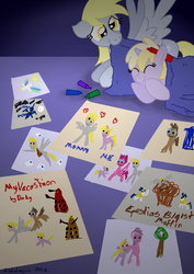 Size: 893x1263 | Tagged: safe, artist:bibliodragon, amethyst star, derpy hooves, dinky hooves, doctor whooves, pinkie pie, princess celestia, princess luna, sparkler, time turner, pegasus, pony, g4, blanket, crayon, cute, dalek, doctor who, drawing, equestria's best daughter, equestria's best mother, female, mailpony, mare, muffin, royal guard, sleeping, tardis, the doctor
