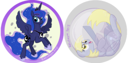 Size: 976x480 | Tagged: safe, artist:bibliodragon, derpy hooves, princess luna, pegasus, pony, g4, badge, female, mare