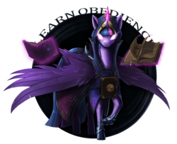 Size: 2782x2255 | Tagged: safe, artist:i-am-knot, twilight sparkle, alicorn, pony, g4, armor, book, clothes, female, glowing eyes, hood, looking at you, magic, mare, raised hoof, robe, solo, spread wings, telekinesis, twilight sparkle (alicorn), tyrant sparkle