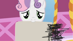 Size: 801x450 | Tagged: safe, sweetie belle, pony, unicorn, g4, coloring with sweetie belle, exploitable meme, female, glitch, how, imminent crying, implied rarity, looking at you, meme, rejected, sad, show accurate, solo, this will end in tears