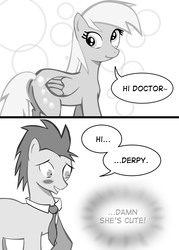 Size: 3000x4200 | Tagged: safe, artist:callmeisaak, derpy hooves, doctor whooves, time turner, pegasus, pony, g4, female, male, mare, monochrome, ship:doctorderpy, shipping, straight