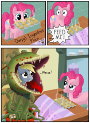 Size: 1408x1920 | Tagged: safe, artist:macchiatojolt, derpy hooves, pinkie pie, pegasus, pony, g4, audrey 2, clothes, comic, costume, crossover, derpy being derpy, female, little shop of horrors, mare, muffin, wat