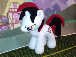 Size: 960x720 | Tagged: safe, artist:my-little-plush, oc, oc only, oc:blackjack, pony, unicorn, fallout equestria, fallout equestria: project horizons, cutie mark, fanfic, female, hooves, horn, irl, mare, photo, plushie, solo