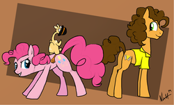 Size: 1120x678 | Tagged: safe, artist:janukaa, boneless, cheese sandwich, pinkie pie, pony, g4, pinkie pride, butt, butt tail, female, hat, male, mare, plot, ship:cheesepie, shipping, stallion