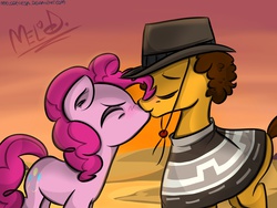 Size: 2048x1536 | Tagged: safe, artist:melodenesa, cheese sandwich, pinkie pie, earth pony, pony, g4, pinkie pride, desert, duo, female, kissing, male, mare, ship:cheesepie, shipping, stallion, straight