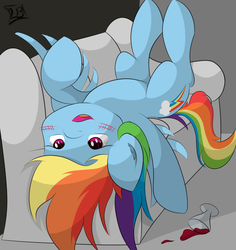 Size: 2077x2201 | Tagged: safe, artist:graphene, rainbow dash, g4, blushing, couch, drunk, drunker dash, female, on back, solo, upside down