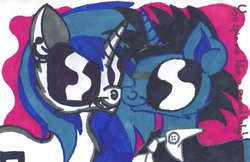 Size: 1024x665 | Tagged: safe, artist:krazykari, dj pon-3, neon lights, rising star, vinyl scratch, g4, female, male, ship:vinylights, shipping, straight, traditional art