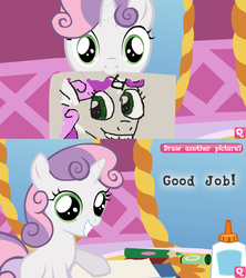 Size: 794x895 | Tagged: safe, sweetie belle, pony, unicorn, g4, approved, coloring with sweetie belle, exploitable meme, happy, implied rarity, looking at you, meme, self portrait, show accurate