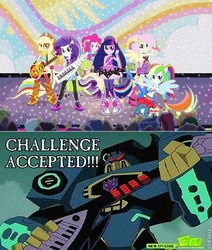 Size: 500x591 | Tagged: safe, edit, edited screencap, screencap, applejack, fluttershy, pinkie pie, rainbow dash, rarity, twilight sparkle, alicorn, equestria girls, g4, my little pony equestria girls: rainbow rocks, shake your tail, challenge accepted, clash of hasbro's titans, comparison, humane five, humane six, meme, soundwave, transformers, transformers animated, twilight sparkle (alicorn)