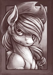 Size: 846x1185 | Tagged: safe, artist:bantha, applejack, earth pony, pony, g4, female, frame, freckles, monochrome, portrait, shoulder freckles, solo