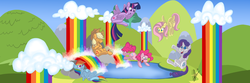 Size: 900x298 | Tagged: safe, artist:maylee, applejack, fluttershy, pinkie pie, rainbow dash, rarity, twilight sparkle, alicorn, pony, g4, rainbow falls, bath, cloud, female, lake, mane six, mare, rainbow, swimming pool, twilight sparkle (alicorn)