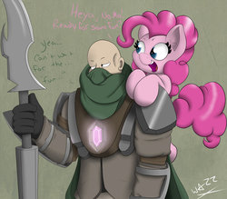 Size: 955x836 | Tagged: safe, artist:wazzart, pinkie pie, earth pony, human, pony, g4, crossover, duo, nomad, runescape, spear, weapon