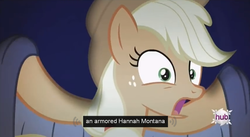 Size: 851x465 | Tagged: safe, screencap, applejack, bats!, g4, female, hannah montana, hub logo, meme, solo, youtube caption