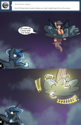 Size: 647x995 | Tagged: safe, artist:darkflame75, princess luna, scootaloo, bat pony, pony, g4, ask, bat ponified, cloud, cloudy, lightning, ouch, race swap, scootabat, stormcloud, student of the night, tumblr