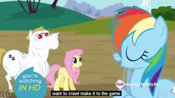 Size: 770x432 | Tagged: safe, screencap, fluttershy, rainbow dash, g4, rainbow falls, caption, hub logo, meme, youtube caption