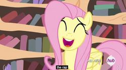 Size: 766x427 | Tagged: safe, screencap, fluttershy, g4, season 4, caption, female, hub logo, meme, rap, solo, youtube caption