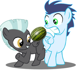 Size: 552x508 | Tagged: safe, soarin', thunderlane, g4, butt bump, butt to butt, butt touch, colt, not racist, watermelon, younger