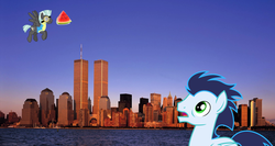 Size: 936x498 | Tagged: safe, soarin', thunderlane, pegasus, pony, g4, background pony strikes again, gay, male, never 5get, new york, shipping, soarilane, stallion, thunderlane likes watermelon, watermelon, world trade center