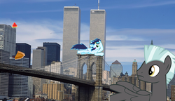 Size: 898x518 | Tagged: safe, soarin', thunderlane, pegasus, pony, g4, background pony strikes again, irl, male, manhattan, new york, new york city, photo, photoshop, pie, ponies in real life, stallion, twin towers, watermelon, world trade center