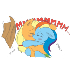 Size: 555x577 | Tagged: safe, artist:joey darkmeat, applejack, rainbow dash, earth pony, pegasus, pony, g4, blushing, cowboy hat, duo, eyes closed, female, floppy ears, hat, kiss on the lips, kissing, lesbian, mare, moaning, ship:appledash, shipping, stetson