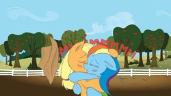 Size: 900x506 | Tagged: safe, artist:joey darkmeat, applejack, rainbow dash, earth pony, pegasus, pony, g4, duo, eyes closed, farm, female, kiss on the lips, kissing, lesbian, mare, ship:appledash, shipping, sweet apple acres